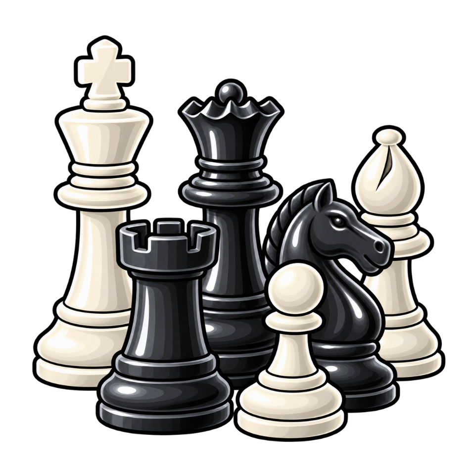 Black and white chess pieces - a king, queen, rook, knight, bishop and pawn - for chess Wednesdays at ESports Collective in Bairnsdale, East Gippsland