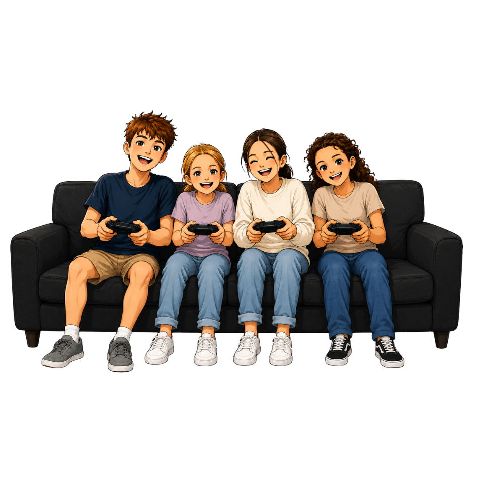 Young people relaxing on a couch playing video games together at ESports Collective in Bairnsdale, East Gippsland
