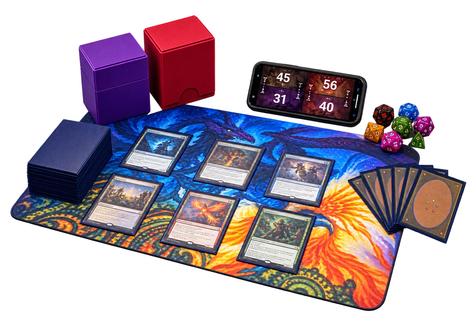 A Magic: The Gathering playmat set up with cards, deck boxes, dice and a life counter at ESports Collective in Bairnsdale, East Gippsland