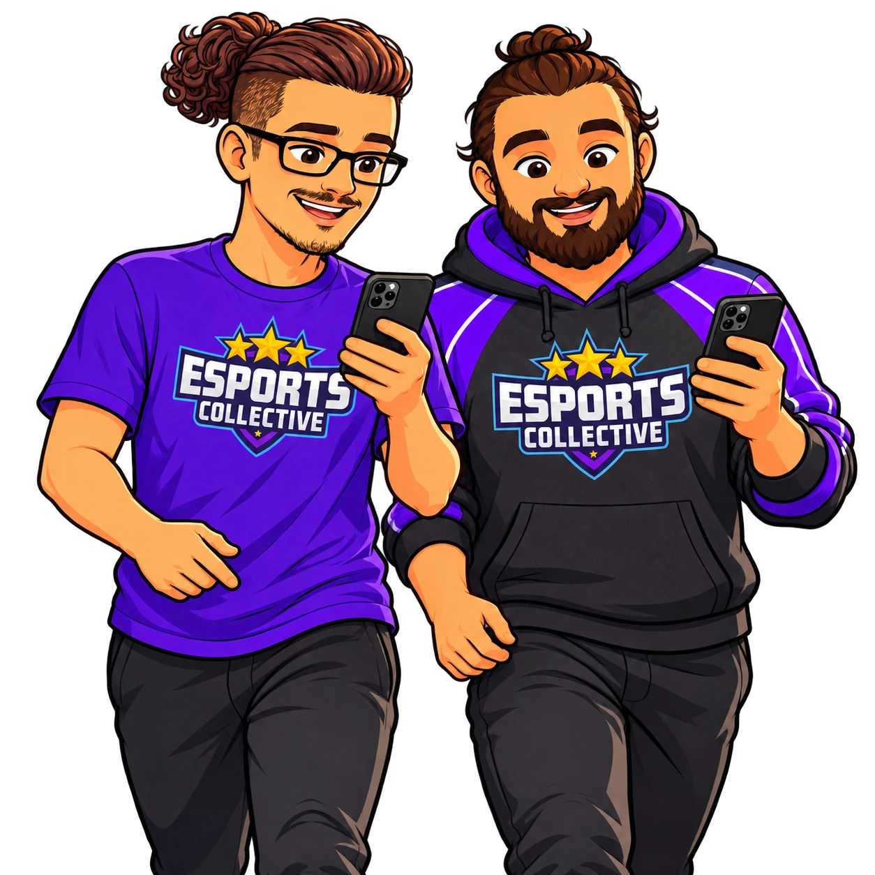 Two ESports Collective staff in Collective tops walking and looking at their phones