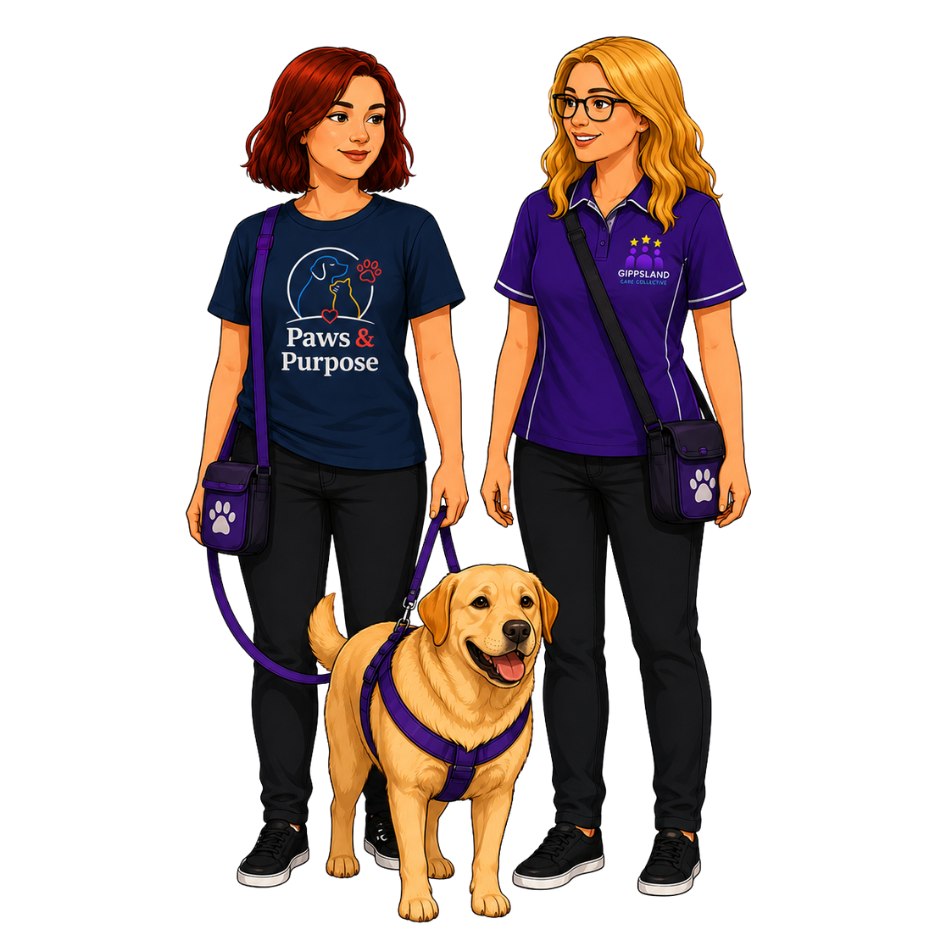 Support workers walking a dog for a supported dog walking micro enterprise in Bairnsdale