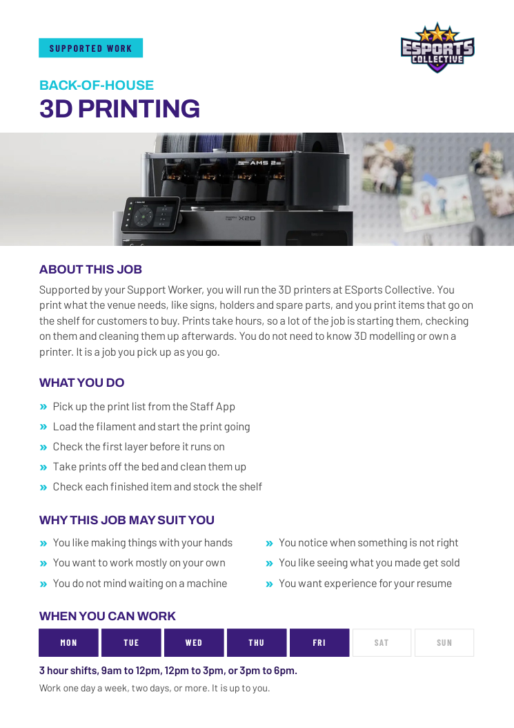 Cover of the 3D Printing supported work role card