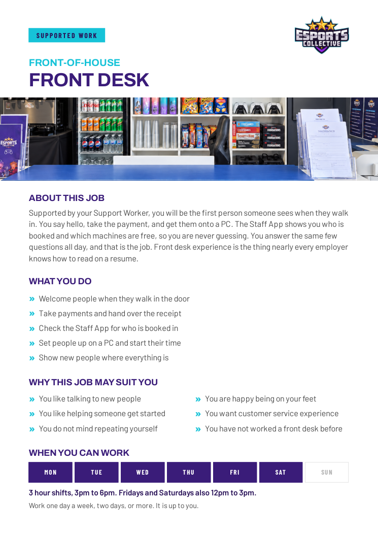 Cover of the Front Desk supported work role card