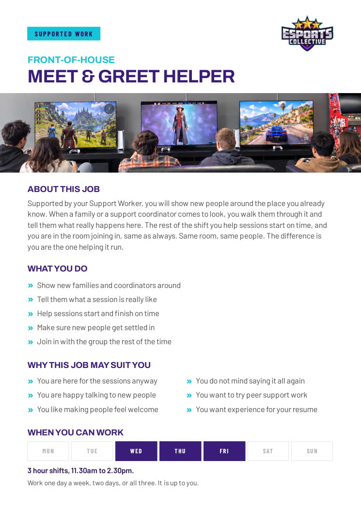 Cover of the Meet and Greet Helper supported work role card