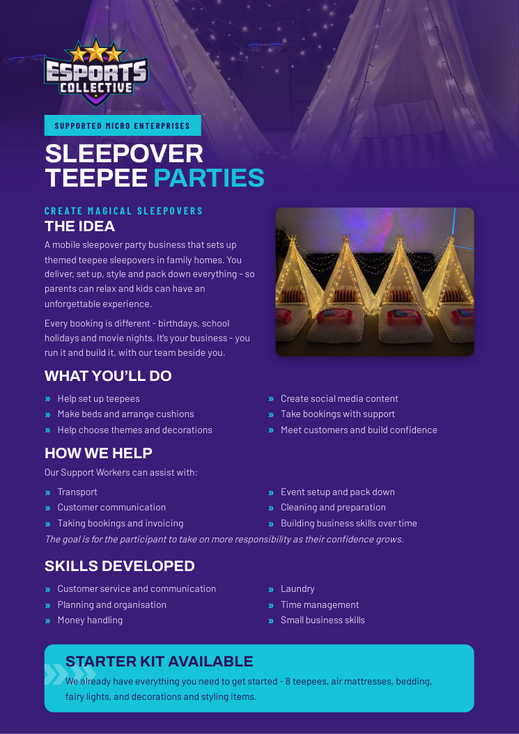 Cover of the Sleepover Teepee Parties micro enterprise flyer