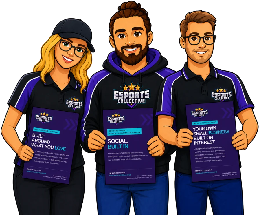 Three ESports Collective team members holding NDIS programs, social participation and micro enterprise brochures