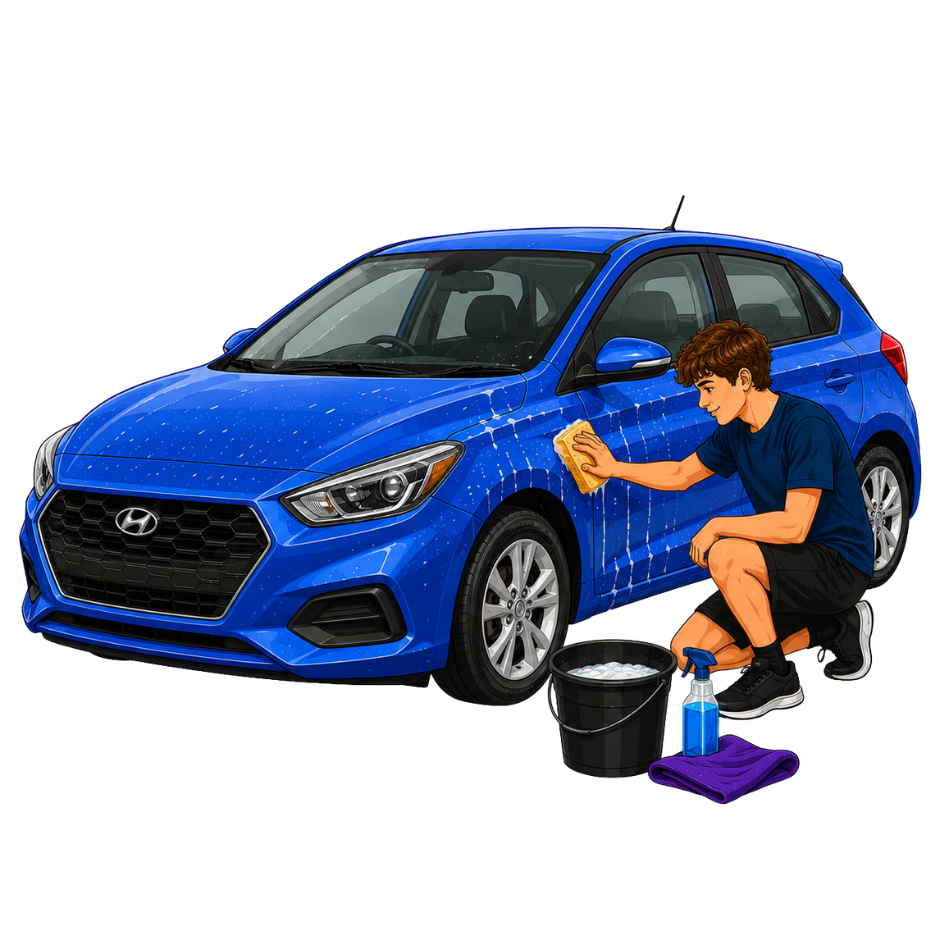 A participant washing a car in a supported car-detailing micro enterprise