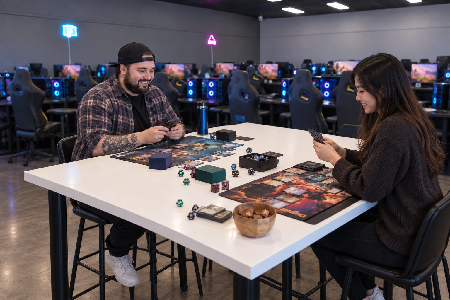 Two players enjoying a game of Magic: The Gathering at a table in the ESports Collective gaming hub in Bairnsdale, East Gippsland